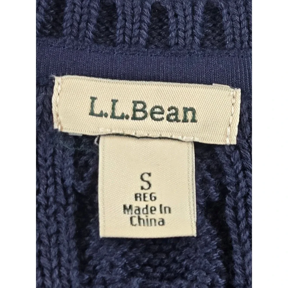 LL Bean Mens Navy Blue Cable Knit Crewneck Sweater Small Regular Fisherman